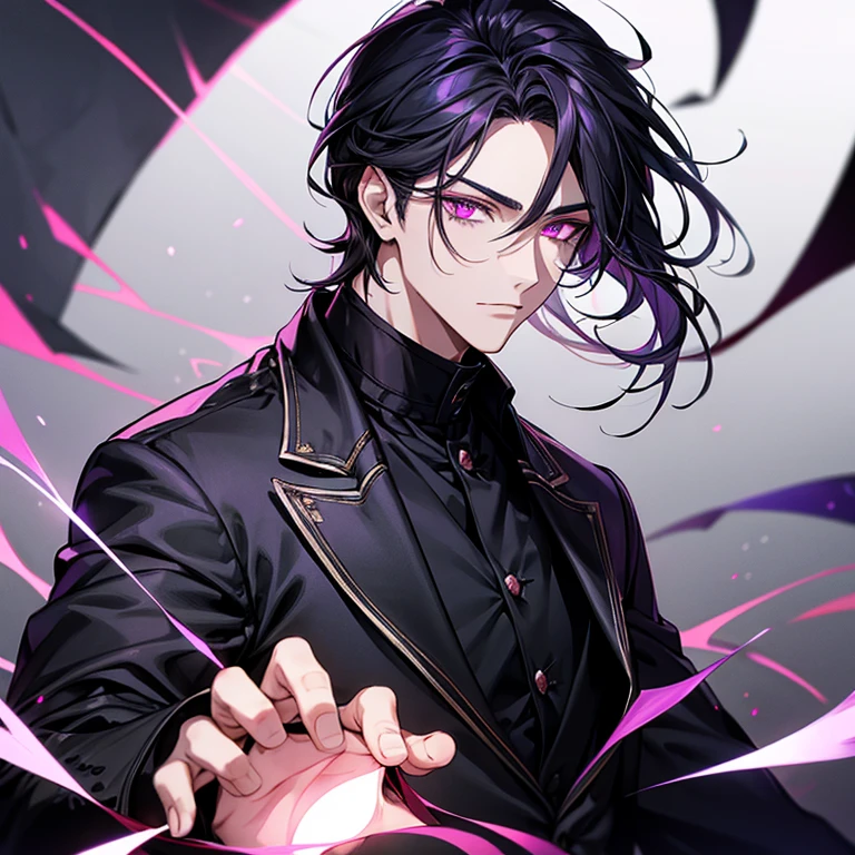 A man with black hair and center parting and purple eyes and a man with gray hair and red eyes,glowing eyes