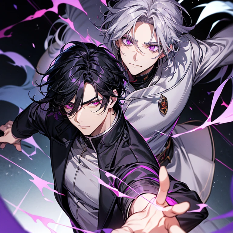 A man with black hair and center parting and purple eyes and a man with gray hair and red eyes,glowing eyes