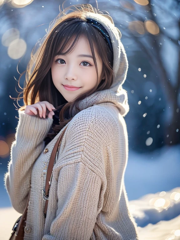 girl with, Snowy landscape, Winter wonderland, Cute and innocent look, rosy cheeks, Sparkling eyes, warm winter clothes, Poses in motion、footsteps in the snow, Falling snowflakes, Frosty tree, Snowy ground, soft snow texture, gentle and delicate lighting, Pastel color palette, dreamy ambiance, quirky and magical, A masterpiece of high resolution:1.2, Ultra-detailed, Realistic:1.37, Vivid colors, Bokeh、innocent smiles、Hair that flutters in the wind、Face Close-up、Rear view