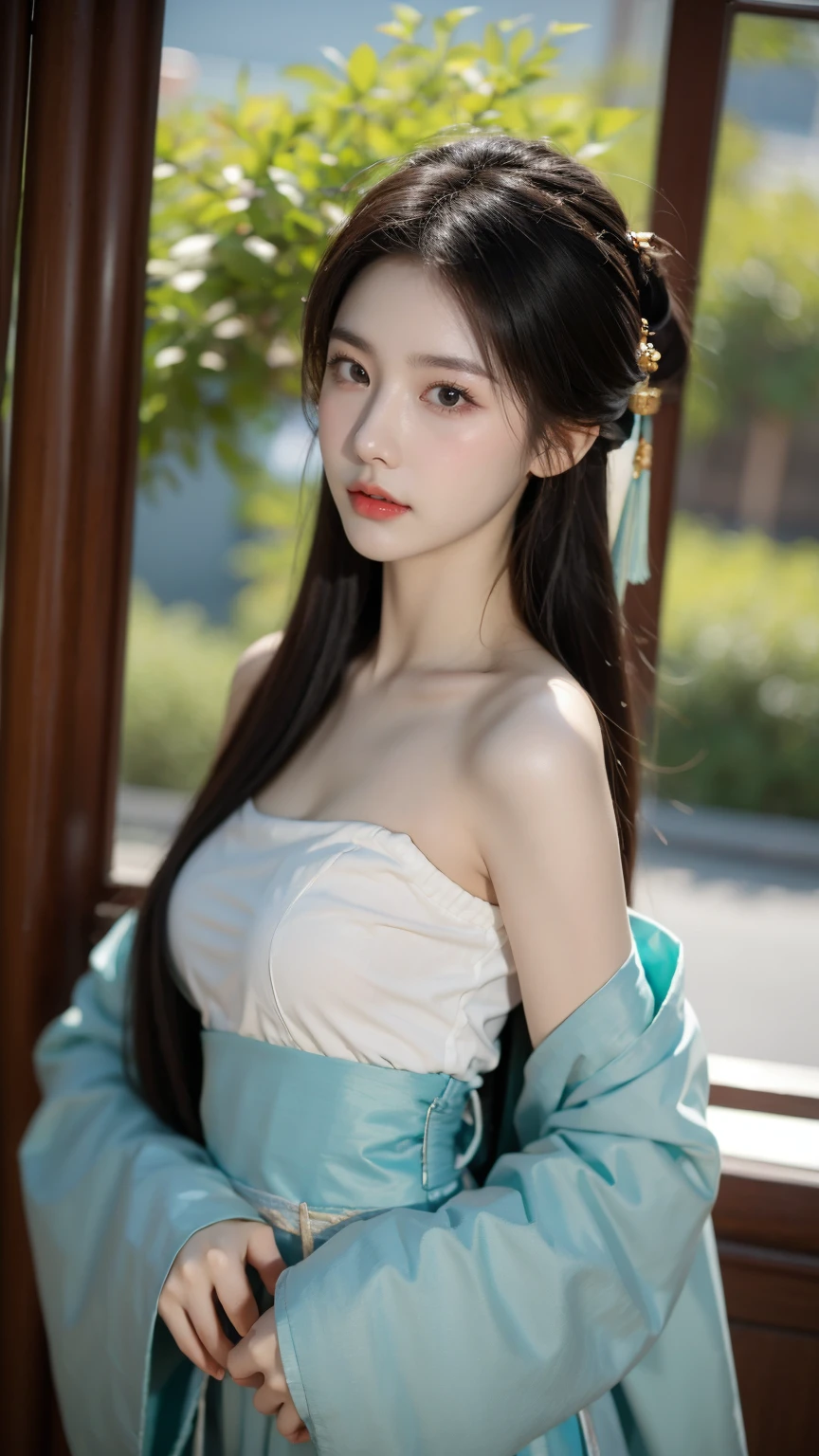 （18-year-old Chinese fashion female model），(((panoramic)))，Shoulder，perfect eyes，perfect iris，perfect lips，perfect teeth，perfect skin，White skin，soft headlights，Front light，Chinese girl，Yarn（Colorful Hanfu），（chinese woman&#39；hairstyle），（Various dynamic poses），Background Chinese interior，Green trees outside the window，MUCH QUALITY，masterpiece，ultra high resolution，（lifelike：1.4），original photo（Super lifelike details）， best quality
