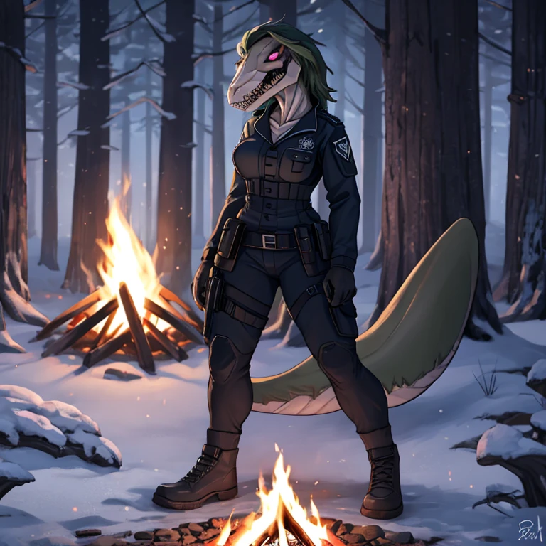 Female, solo, reptilian, voluptuous body, tall, standing, very dark green scales, reptilian face, exposed jaw bone, long reptile snout, decaying face, boney face, sharp teeth, clawed fingers, dark green hair, decaying body, exposed bones, pink eyes, serious expression, black tactical uniform, winter forest, campfire, night