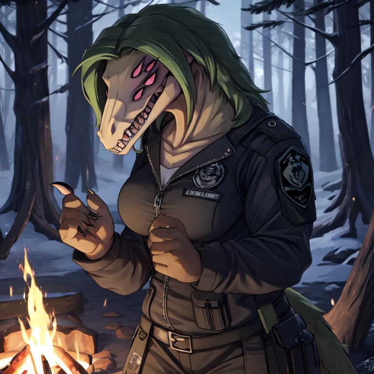 Female, solo, reptilian, voluptuous body, tall, standing, very dark green scales, reptilian face, exposed jaw bone, long reptile snout, decaying face, boney face, sharp teeth, clawed fingers, dark green hair, decaying body, exposed bones, pink eyes, serious expression, black tactical uniform, winter forest, campfire, night