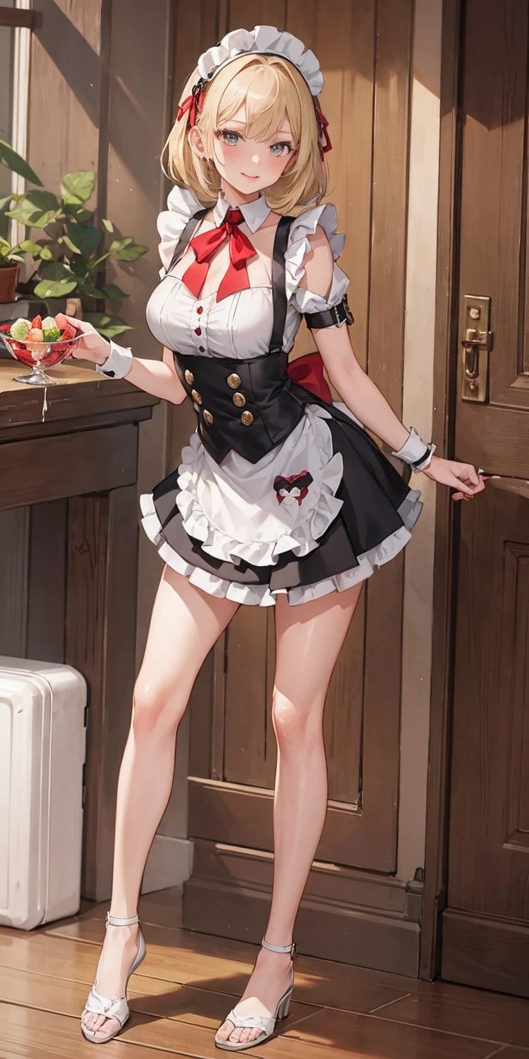 1girl, cute, ((Short black hair girl and long blonde hair girl)), maid victorian, maid apron, straight face, dazed, Body position: Standing, straight, symmetrical, barefoot, Lustful smile on face with red blush,
