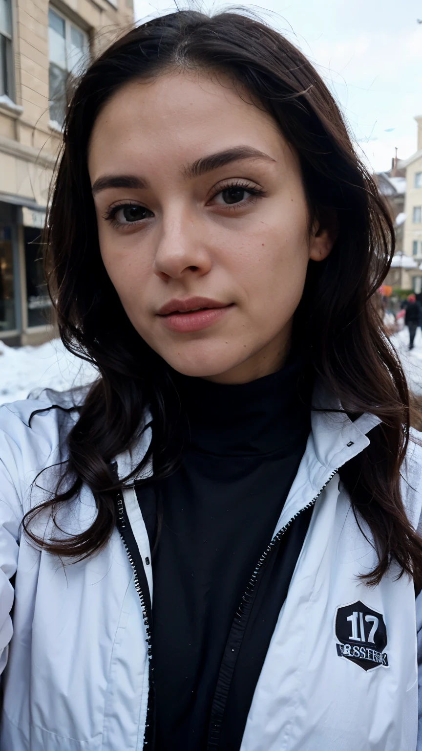 ((best quality)), ((masterpiece)), (detailed), perfect face , long black hair , half body , winter , sport wear , street , selfie photo