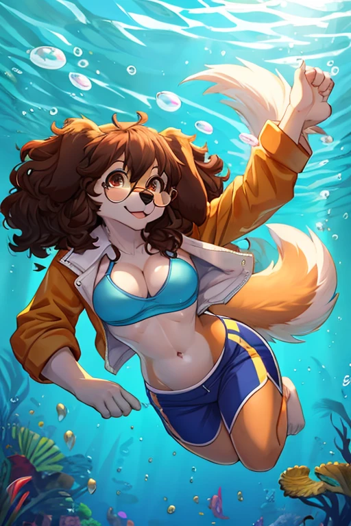 furry female, open_shirt sports_bra curvy canine dog glasses circle_glasses female floppy_ears spaniel 1girl dog_ears dark_brown_fur curly_hair anthro tropical island rays_of_light athletic_shorts ripped_clothes fluffy_tail, big_tail sfw attractive fit underwater scuba_diving diving_down free_diving fish swimming wet_clothes action_pose bubbles