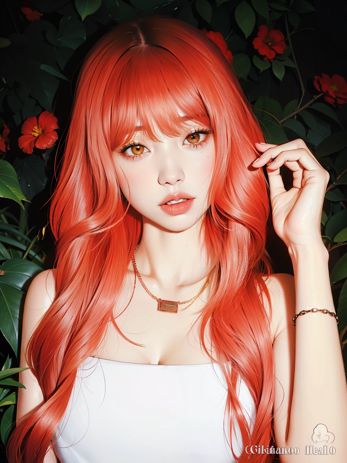 a close up of a woman con el pelo largo y rojo and a necklace, ella tiene el pelo largo y renaranjado, ulzzang, coral brown hair, pale red, con el pelo largo y rojo, pelo rojo claro, Lalisa Manoban de Blackpink, peluca roja, con pelo rojo rizado, pelo largo y rosa que fluye, Lalisa Manobal, long pelo rojo claro