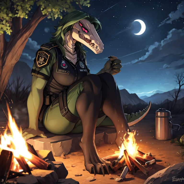 Female, solo, reptilian, voluptuous body, tall, sitting, very dark green scales, reptilian face, exposed jaw bone, long reptile snout, decaying face, boney face, sharp teeth, clawed fingers, dark green hair, decaying body, exposed bones, pink eyes, serious expression, black tactical uniform, desert, campfire, night