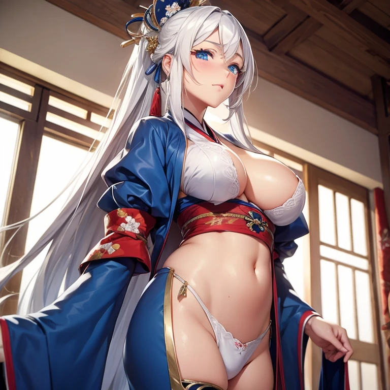 Long white hair, beautiful blue eyes, , large breasts, human, kimono,
