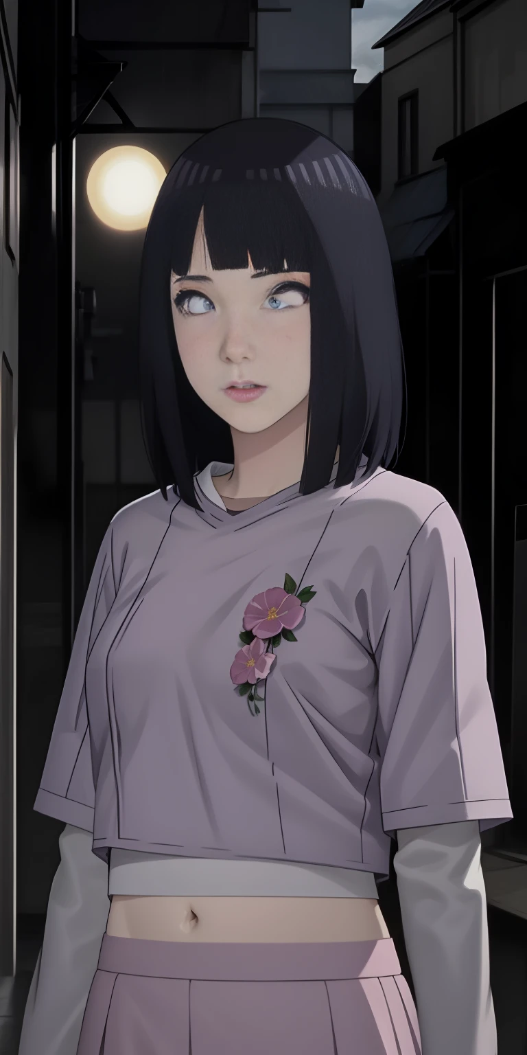 realistic, 1girl, black long hair, purple eyes, glowing eyes, crop top, skirt, parted lips, blush, night, flowers, sun, sunlight,