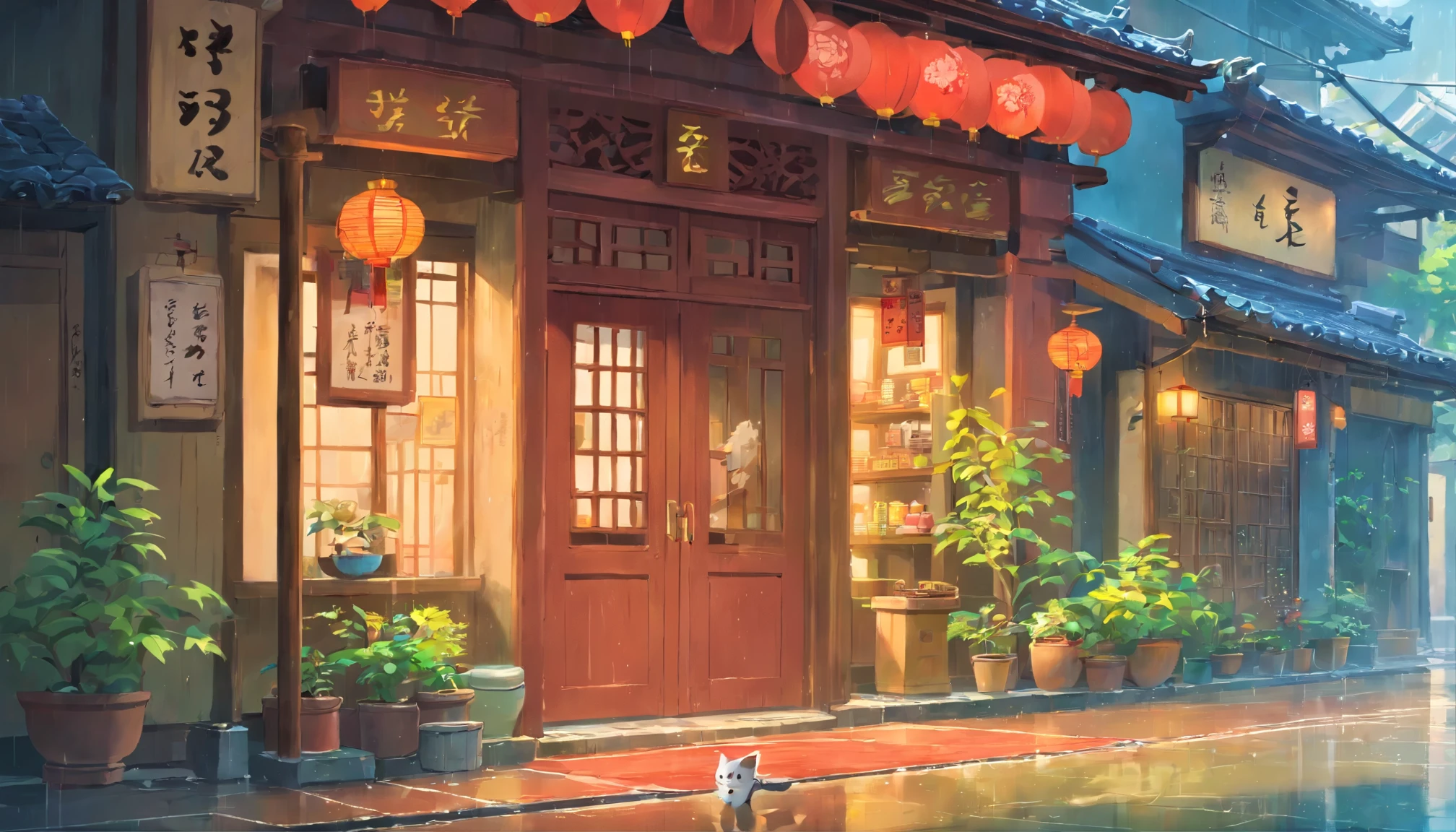 dilapidated shop，Chinese-style architecture，rainy day，There is a kitten at the door,The interior of the store is brightly lit，very warm