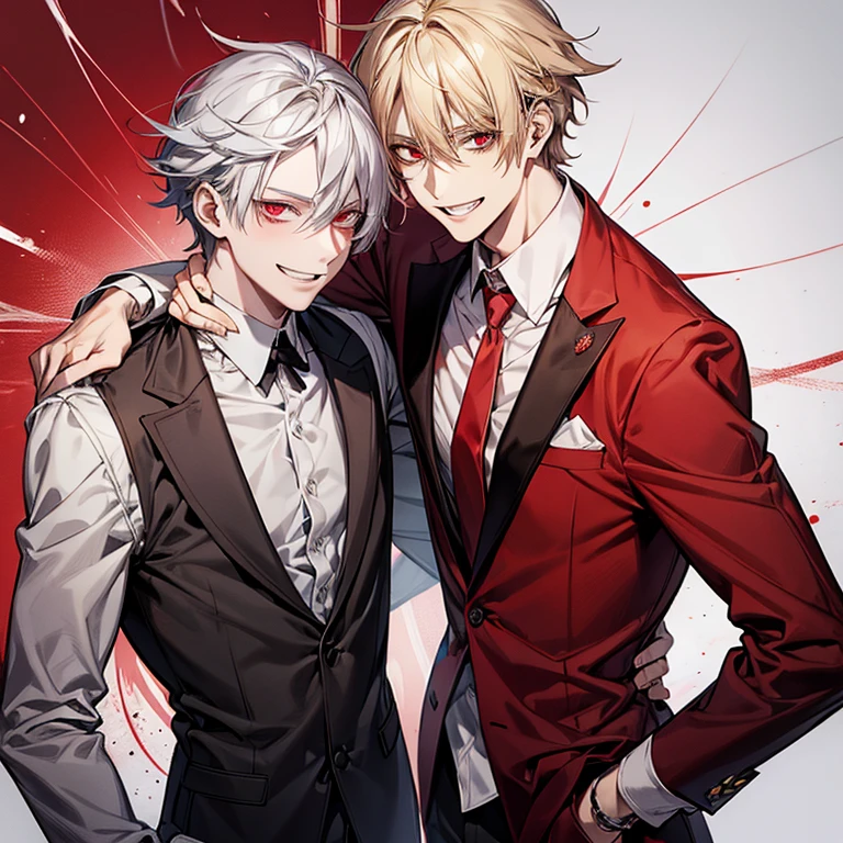 gray hair anime guy,red eyes,red and white blazer, handsome anime pose, Blonde madman,grin and laugh,nihilistic smile, 光るred eyes,tall