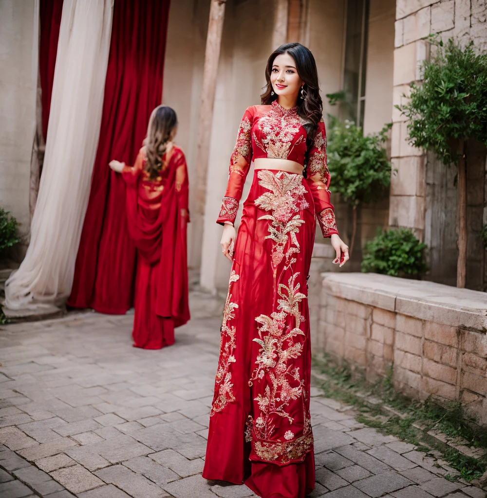 beautiful woman with 34D breast size wearing an elegant transparent red kebaya with detailed and cool motifs standing in front of a building