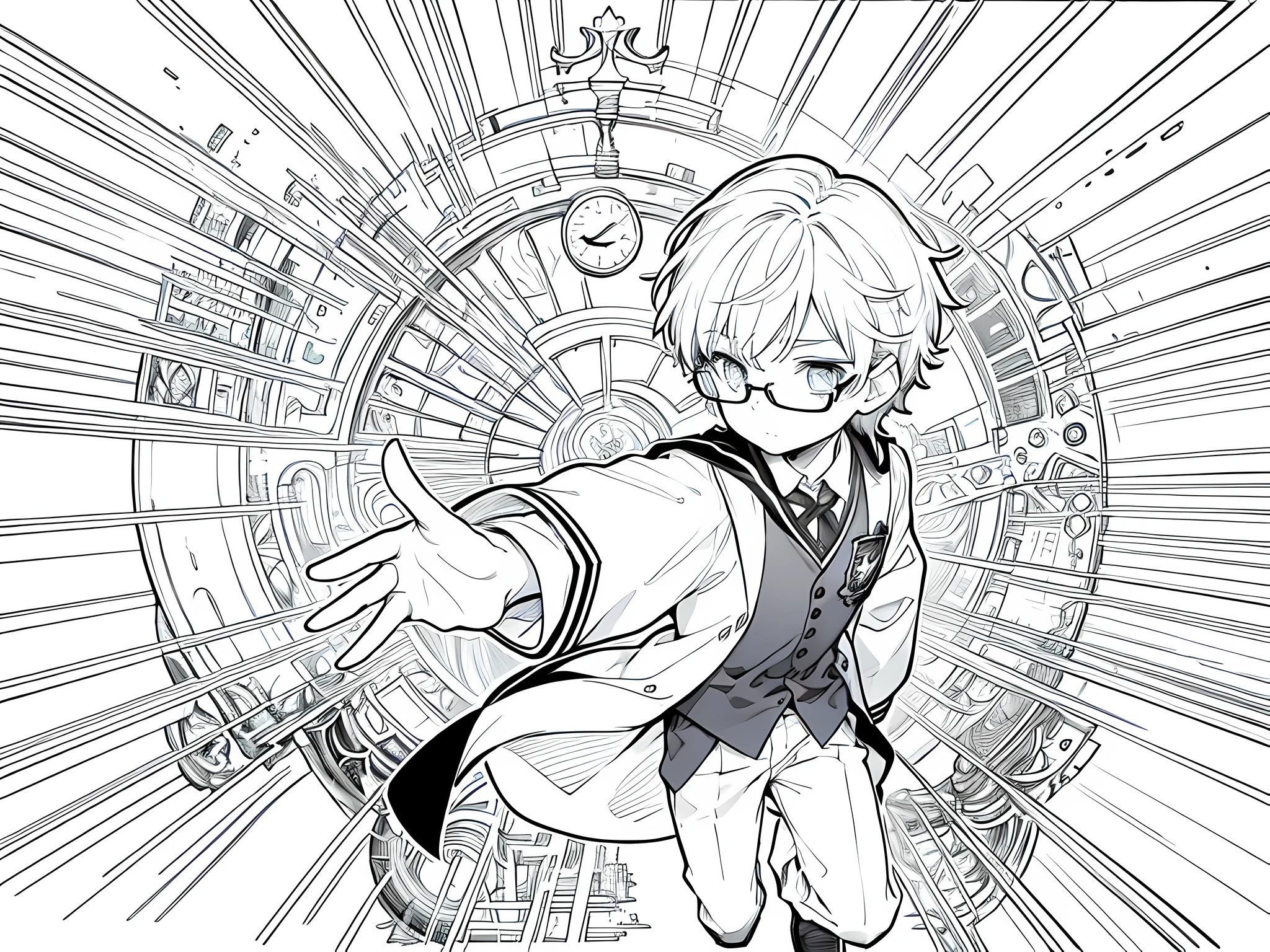 1 little boy, wearing glasses, wearing hogwarts uniform, doing pose like a magician, face to detail, detailed eyes, shouting a spell, the background is white, monochrome (clear line, lineart), full-body illustration