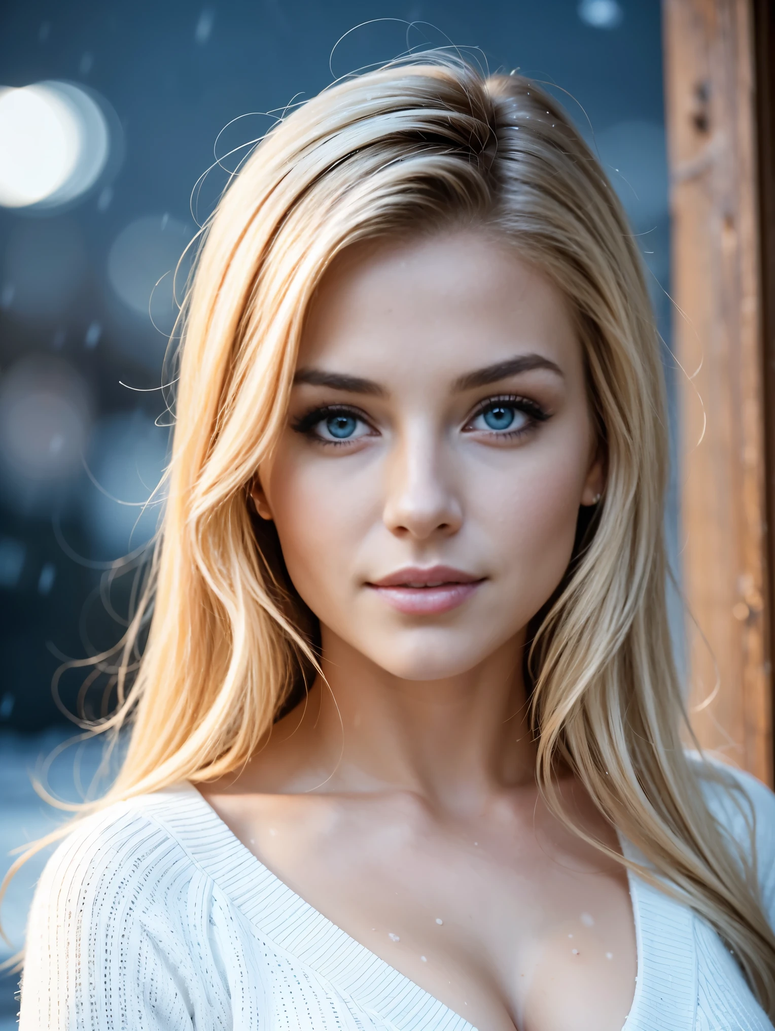 (Extreme Close up portrait:1.3), from above. an ultra hot gorgeous European woman, age 23, she’s a playmate, men magazine model. Flirts with camera, subtle smil. Blonde wawy hair. (she’s standing in a snowy village at night:1.4) Perfect anatomy, perfect hair, perfect breast, perfect body, perfect hands, perfect face, UHD, retina, masterpiece, accurate, anatomically correct, textured skin. Winter starry night, northern lights