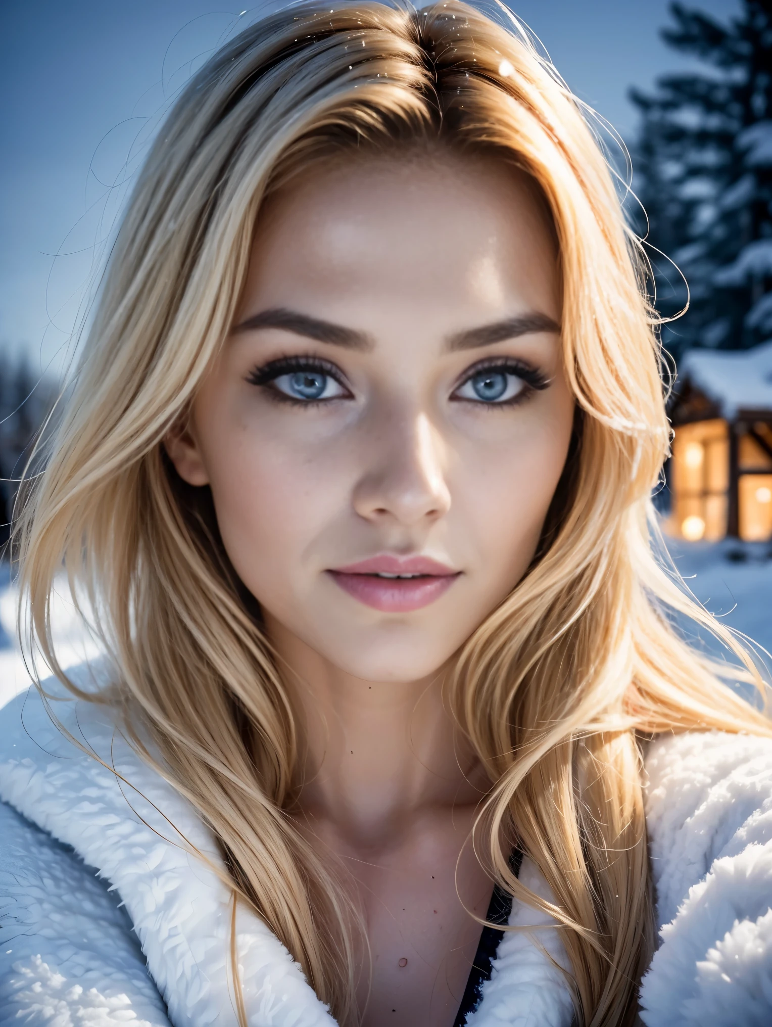 (Extreme Close up portrait:1.3), from above. an ultra hot gorgeous European woman, age 23, she’s a playmate, men magazine model. Flirts with camera, subtle smil. Blonde wawy hair. (she’s standing in a snowy village at night:1.4) Perfect anatomy, perfect hair, perfect breast, perfect body, perfect hands, perfect face, UHD, retina, masterpiece, accurate, anatomically correct, textured skin. Winter starry night, northern lights