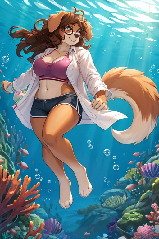 furry female, open_shirt sports_bra curvy canine dog glasses circle_glasses female floppy_ears spaniel 1girl dog_ears dark_brown_fur curly_hair anthro tropical island rays_of_light athletic_shorts ripped_clothes fluffy_tail, big_tail sfw attractive fit underwater scuba_diving diving_down free_diving fish swimming wet_clothes action_pose bubbles absurdres floating_hair