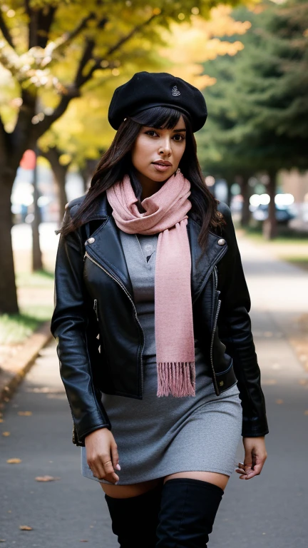 woman wearing a biker jacket, black beret, pink scarf, tall riding boots, a leather backpack, while is in a park, aw-dropping beauty, jaw dropping beauty, attractive face and body, attractive woman, a gorgeous beautiful dark brown haired girl, lovely black woman, gorgeous black woman, gorgeous beautiful black woman, beautiful female, beautiful body and face