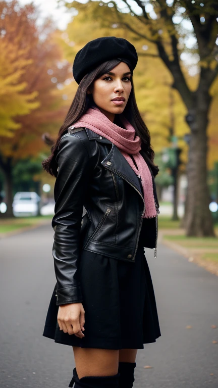 woman wearing a biker jacket, black beret, pink scarf, tall riding boots, a leather backpack, while is in a park, aw-dropping beauty, jaw dropping beauty, attractive face and body, attractive woman, a gorgeous beautiful dark brown haired girl, lovely black woman, gorgeous black woman, gorgeous beautiful black woman, beautiful female, beautiful body and face