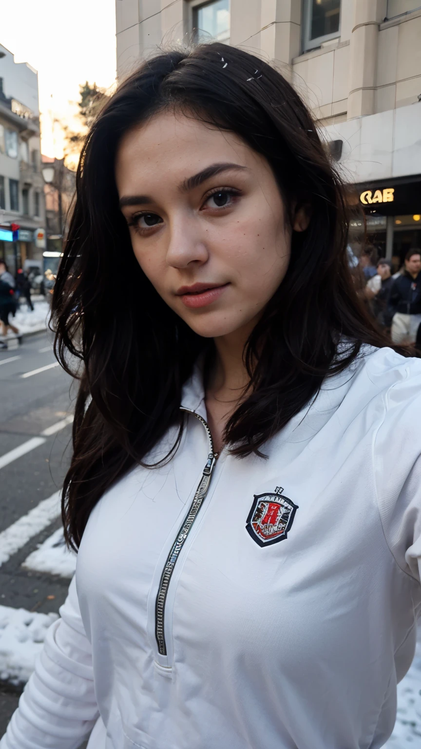 ((best quality)), ((masterpiece)), (detailed), perfect face , long black hair , half body ,  sport wear , street , selfie photo , winter