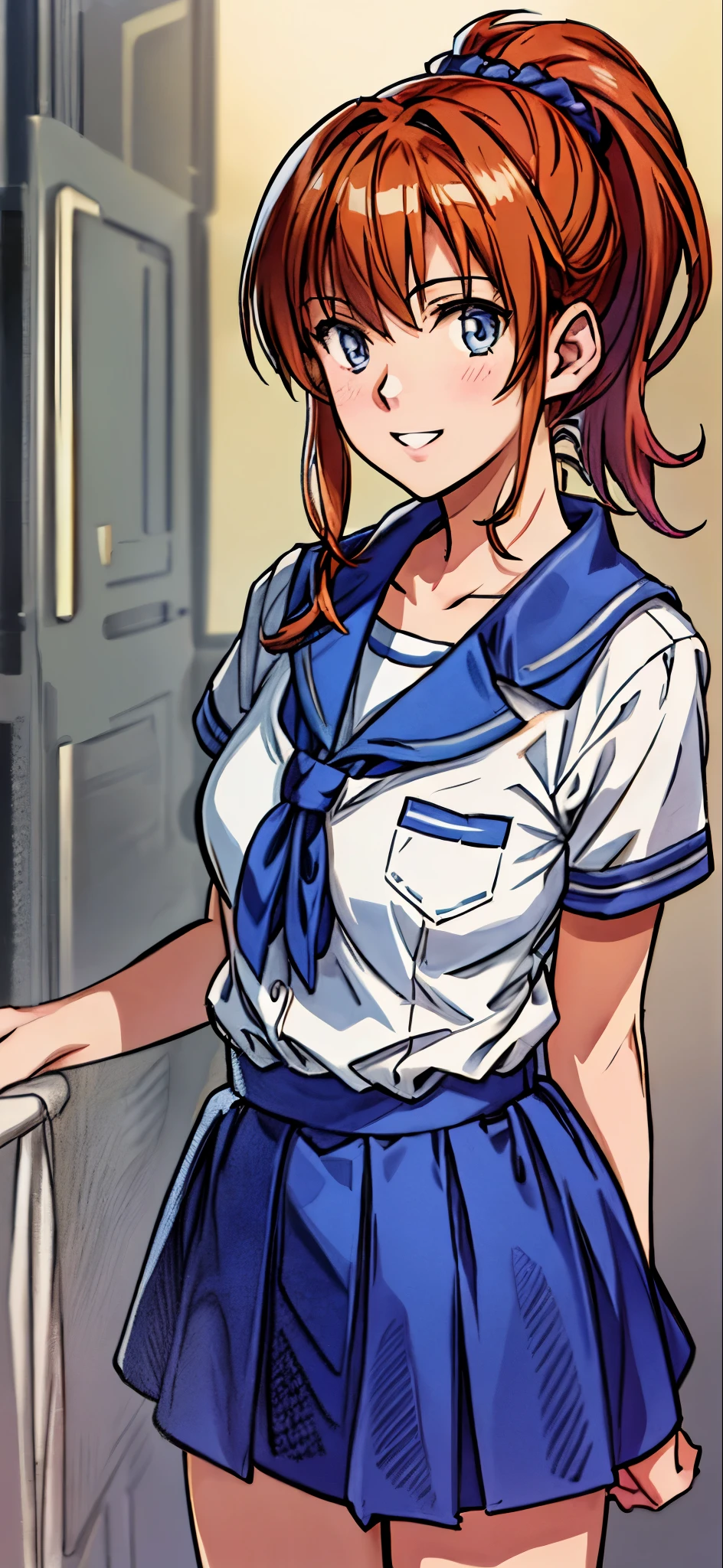 (highest quality,4K,8K,High resolution,table top:1.2), Super detailed, (realistic,photorealistic,photo-realistic:1.37), active beautiful girl,grin and laugh,(grin and laugh),((caramel hair color)),((medium long hair)),((ponytail hairstyle)), ((messy hair)),((high school girl uniform)), espadrilles,beautiful and detailed eyes, beautiful detailed lips, highly detailed eyes and face, long eyelashes, realistic anime 3D style, Smooth anime CG art, Digital rendering by Makoto Shinkai, Moe anime art style, photorealistic rendering of an anime girl, Shinkai Makoto style, Cute anime girl visuals, realistic young anime girl, girl fan art, Created by Anime Artist&#39;studio of.