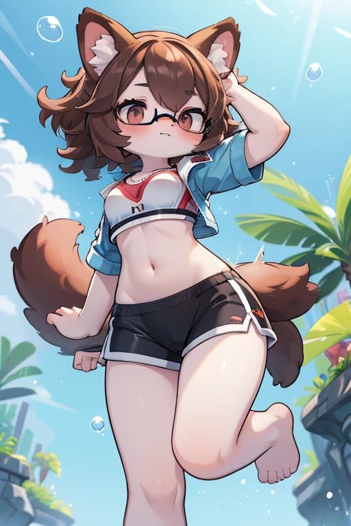 furry female, open_shirt sports_bra curvy canine dog glasses circle_glasses female floppy_ears spaniel 1girl dog_ears dark_brown_fur curly_hair anthro tropical island rays_of_light athletic_shorts ripped_clothes fluffy_tail, big_tail sfw attractive fit underwater scuba_diving diving_down free_diving fish swimming wet_clothes action_pose bubbles absurdres floating_hair