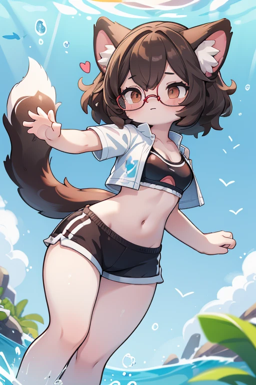 best quality,best resolution,(fluffy anthro furry :1.8),(young :1.6),cat girl,mini girl,flat chest,dark blue long hair,blue fur,wavy hair,pubic fur,neck fur,micro bikini cow print,cow print stocking,sun beam,very hot,water splash,looking at viewer,smile,full face blush,glasses,flora hairpin,domination face,smile,heart eyes,upper body only,crawl in sea,low angle