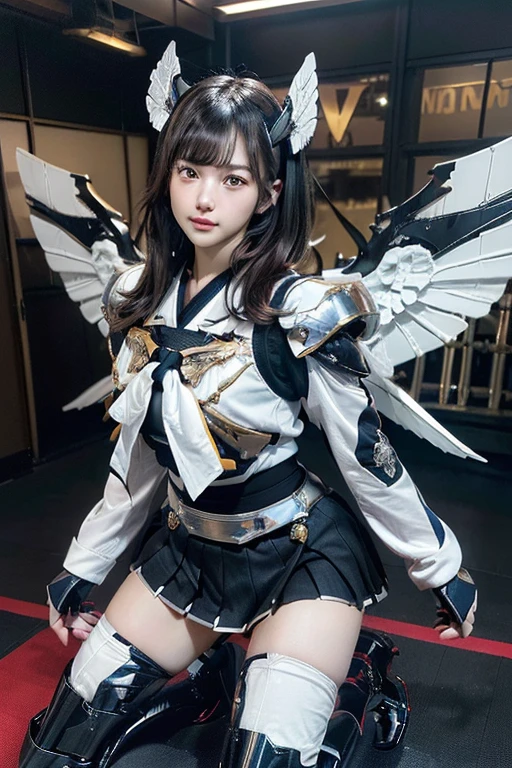 top quality, masterpiece, extremely detailed CG unity 16K wallpaper, ultra-high resolution, high definition, (perfect body, correct anatomy:1.5), (from front view:1.4), (dynamic:1.1), professional photo, raw photo, photorealistic, cinematic lighting, sharp focus, depth of field, 1 girl, ((Japanese teen, 15 years old:1.1)), ((mecha-musume:1.3)), cowboy shot, solo, looking at viewer, intricately detailed face, hyper-realistic skin texture, black hair, very short hair, glossy hair, highly detailed skin, highly detailed eyes, (dark eyes, bright eyes:1.3), ultra-realistic nose and lips, (tall nose:1.2), (slim and oval outline of the face:1.4), expressive face, (anger:1.1), (fighting enemy:1.5), (Japanese junior high , white serafuku, long sleeves, black pleated skirt:1.4), ((weaponized body:1.3)), tall, slender, beautiful breast, (perfect body proportion:1.5), (highly detailed thighs, metallic boots:1.3), ((a pair of large mech wings with twin engines:1.5)), (((flying above the town using mech wings, daytime, noon:1.4))), (((in combat against villains:1.2)))