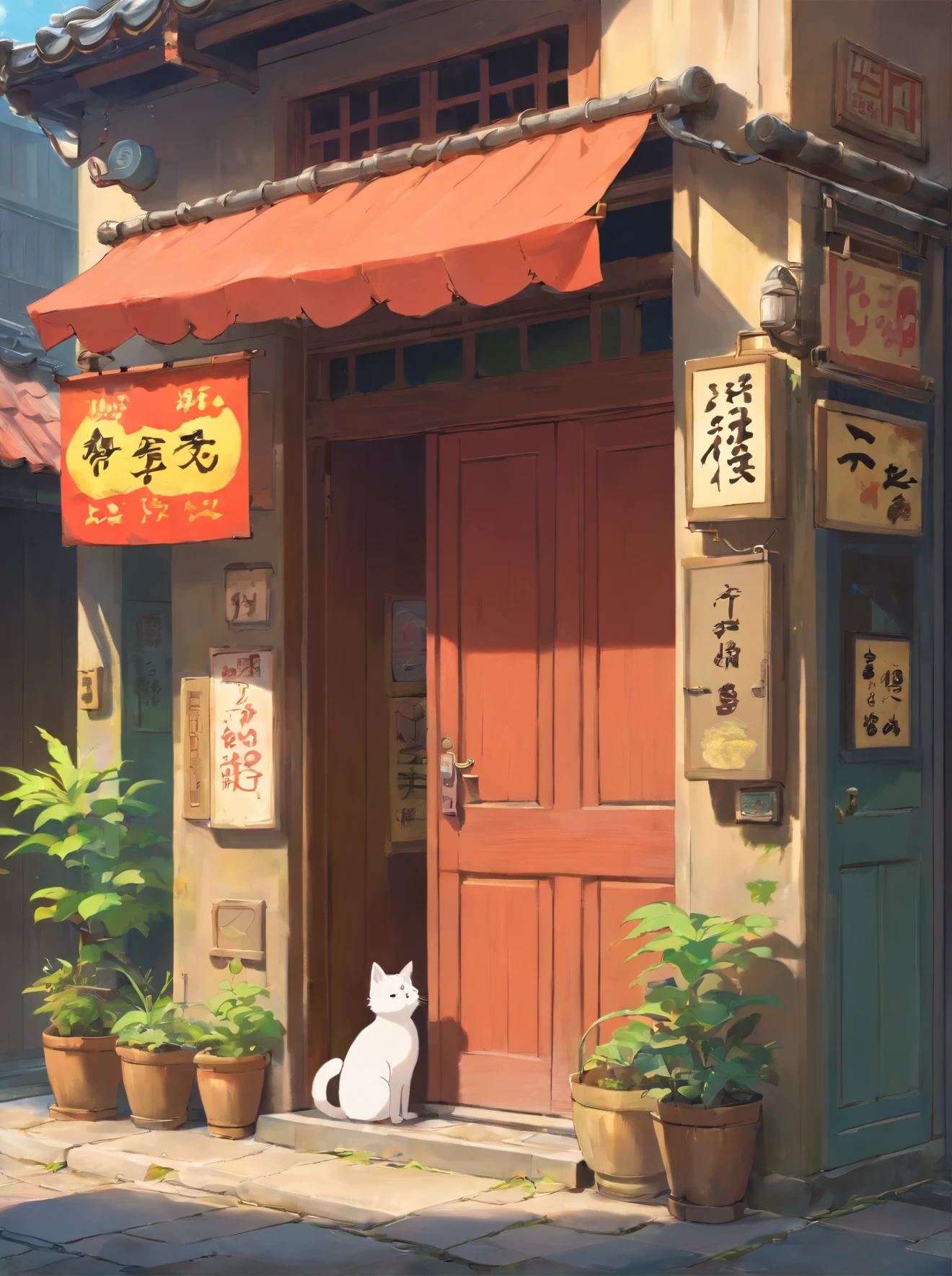 dilapidated shop,Chinese-style architecture,There is a door plaque,The plaque on the door reads "Cangsheng Pepsi Store",rainy day,There is a kitten at the door,The interior of the store is brightly lit,very warm