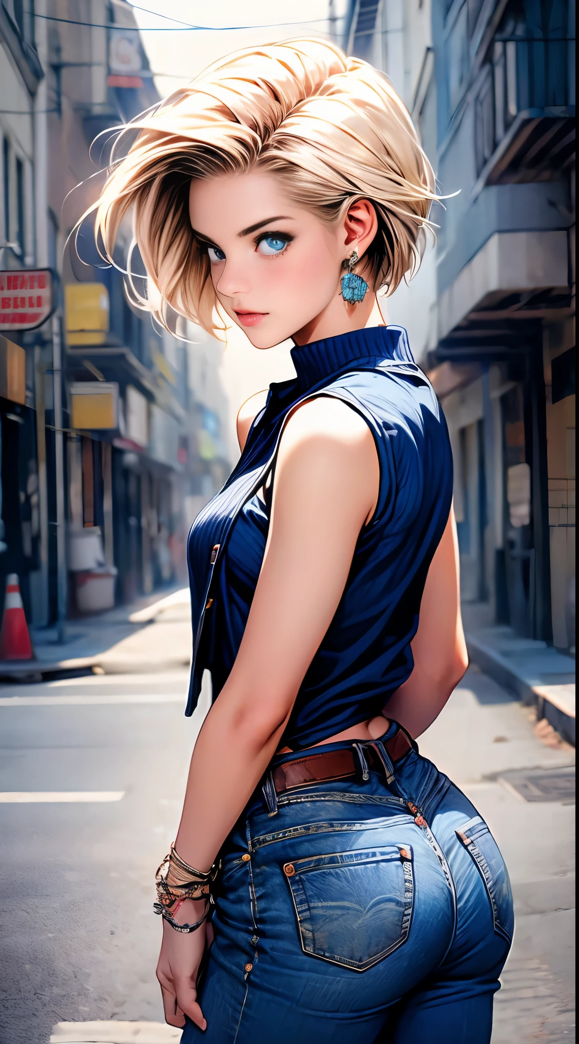 highest quality, High resolution, and 18, 1 girl, android 18, alone, blonde hair, blue eyes, short hair, laughter,earrings, jewelry, denim dress, open vest, white t-shirt,distressed jeans,small breasts, Stick out your butt and turn around and pose,street, (external expansion chest: 1.2),