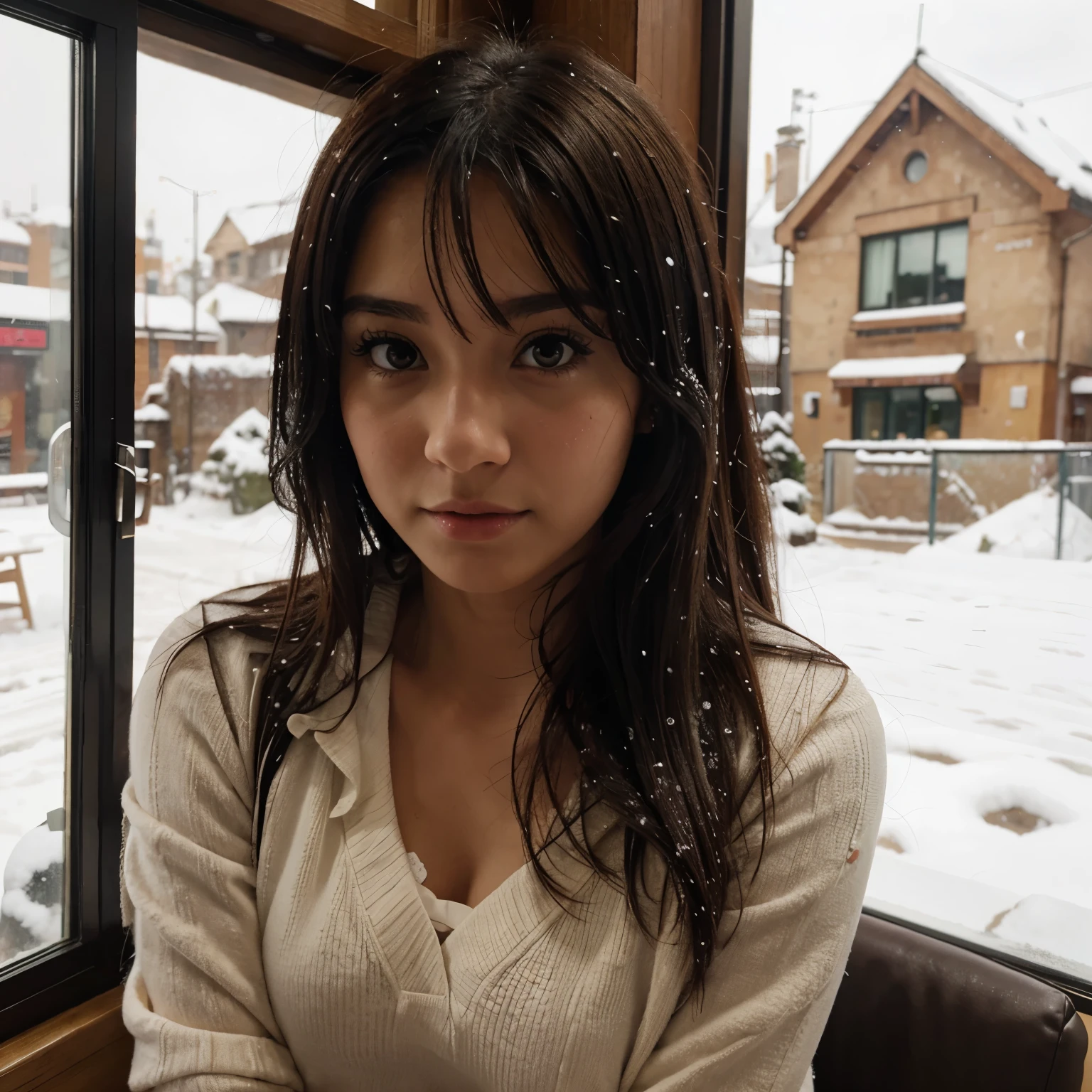 Chica anime en um cafe mirando por la ventana mientras nieva