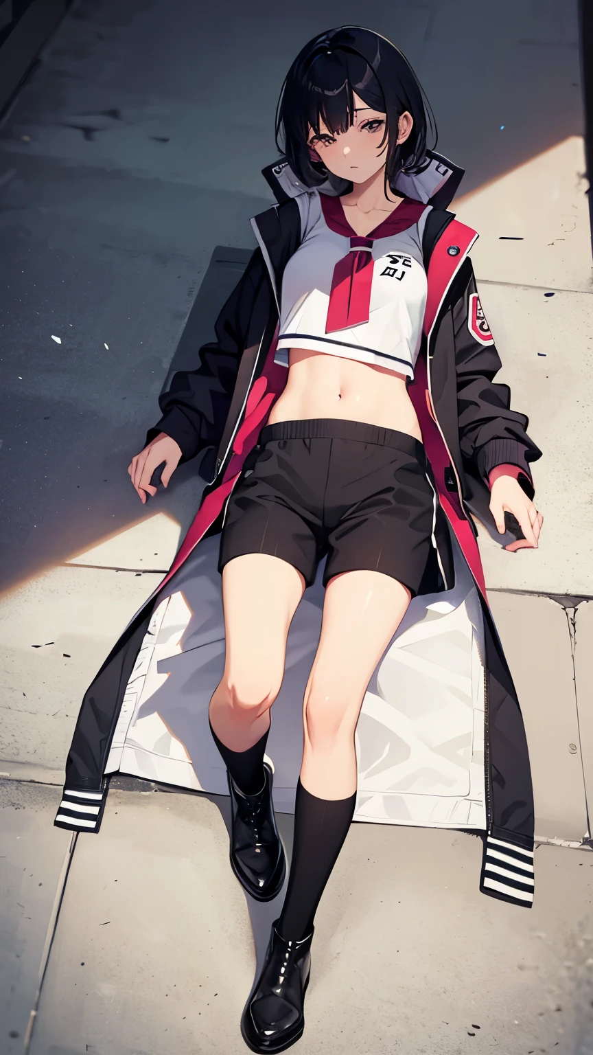Cool girl, belly button exposed, thin legs, calf-length socks, boots, sleeping