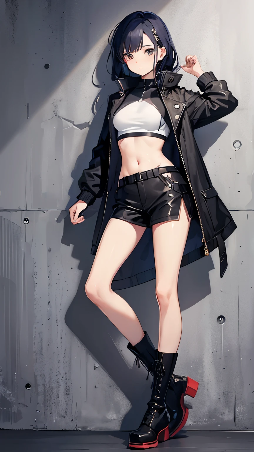 Cool girl, belly button exposed, thin legs, calf-length socks, boots, sleeping
