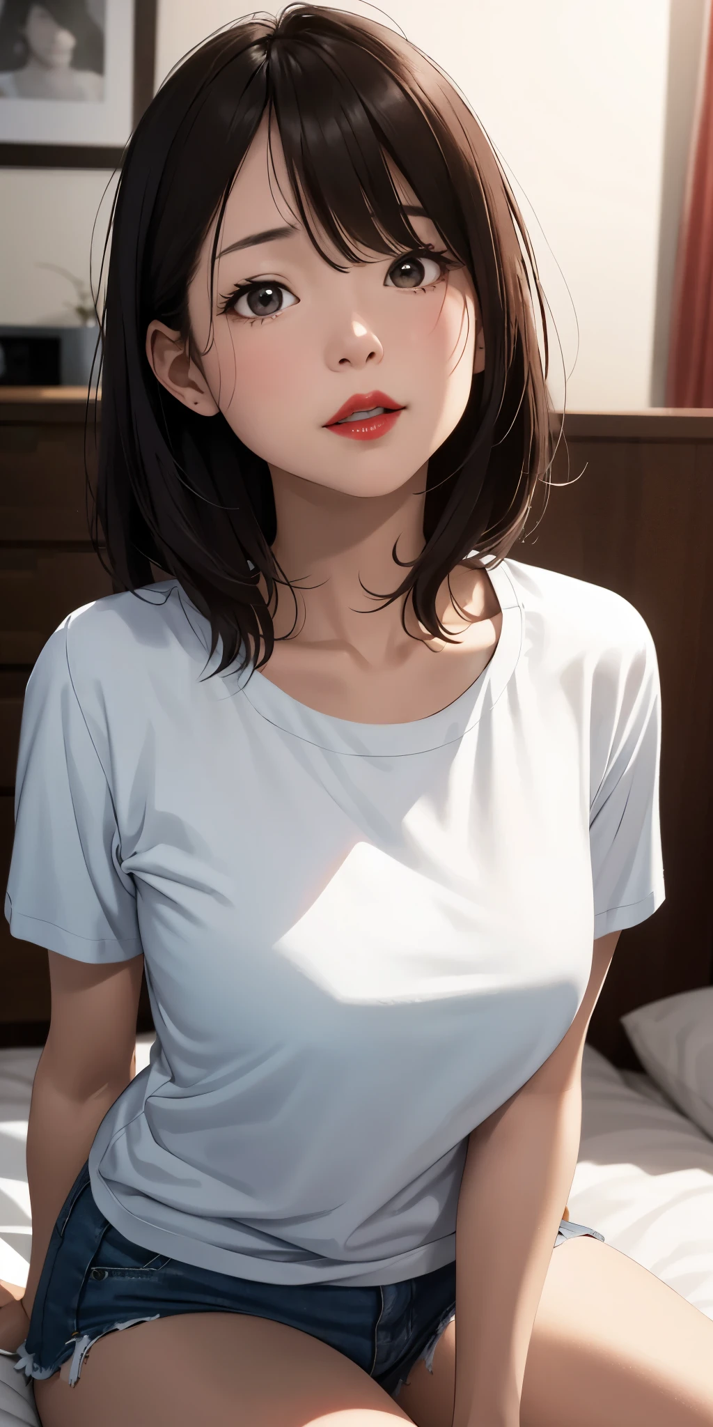 realistically、45 year old girl、T-shirt wearing，Face Enhancement，Chest super large zoom，Cut the focus，Looking up from the bottom，blush，red lips，a sexy，Sit on the bed，open your mouth、Place your arms on the back of your head、wearing underwear