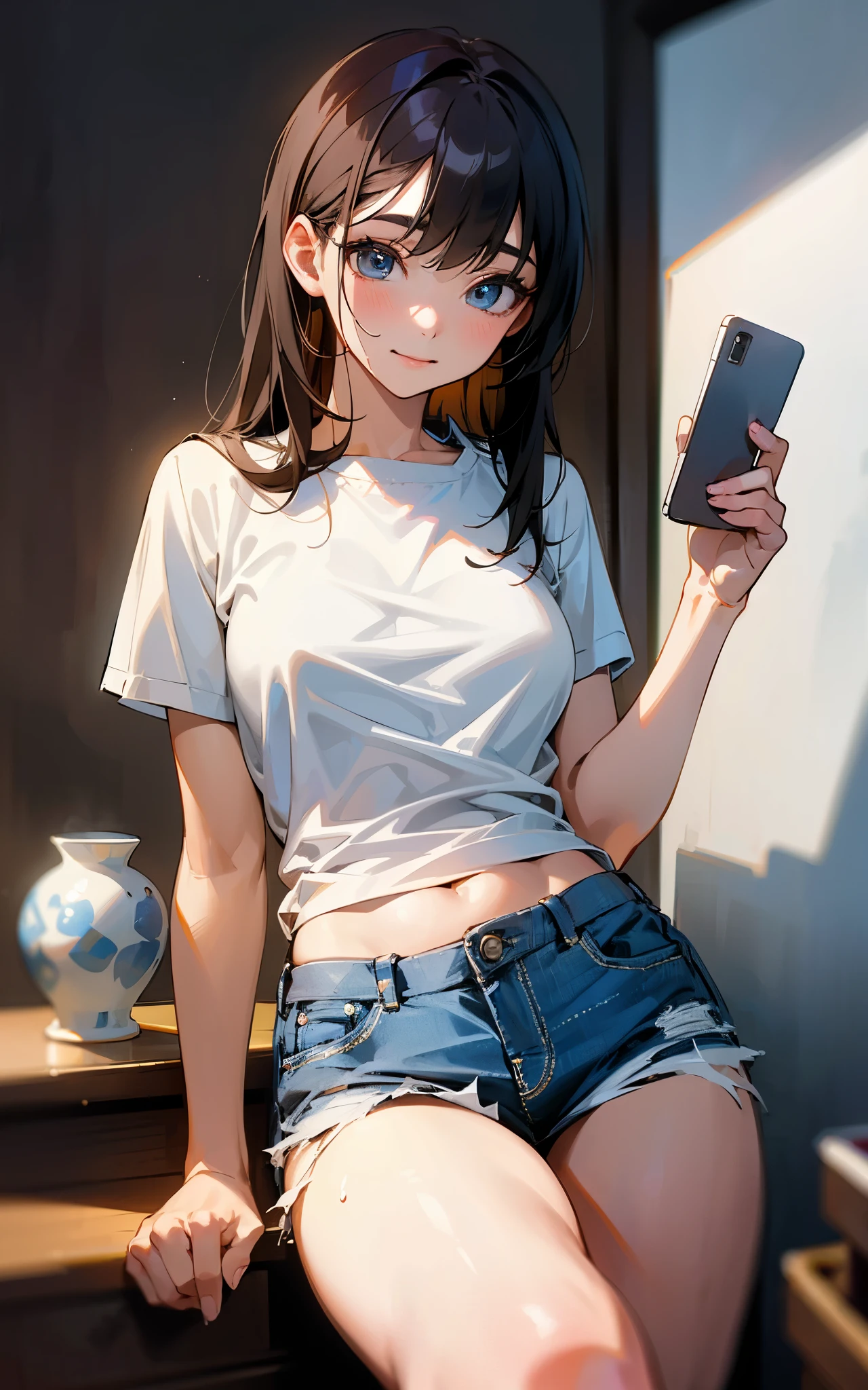 (Unified 16K wallpaper, masterpiece, best quality, Super detailed, Extremely detailed CG, Beautiful and delicate eyes, alone, contain), ultra high resolution, delicate skin、Sexy, Sweat, shorts, Plain top, Smile, (Thigh fetish), , realistic clothing, Casual Wear, Not denim