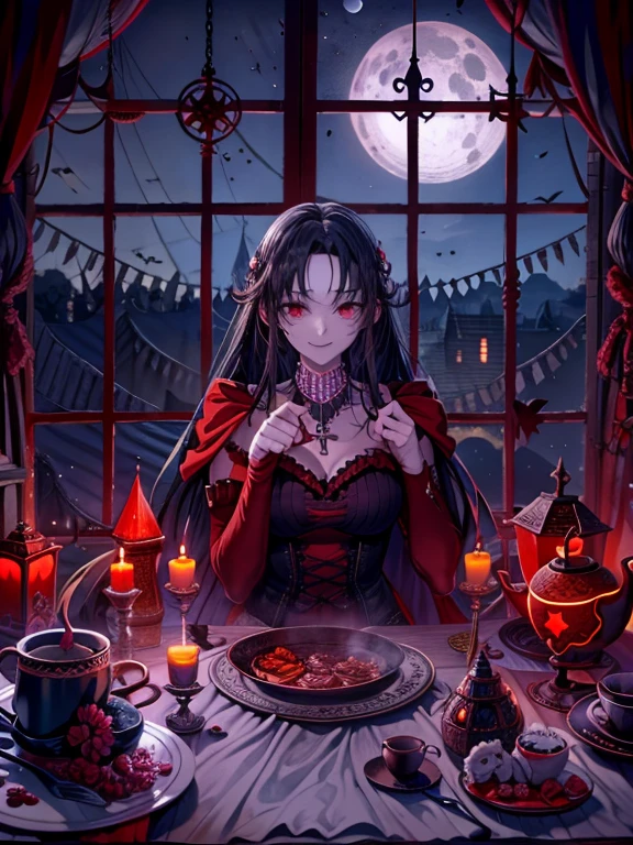 8k,Masseter muscle film、on the table、1 person、fear、Spooky room、Pitch black palace、valley、long black hair、red eyes、return blood、You can see the starry sky outside the huge windows,bright red full moon,Meteors,Pure black wedding dress,dark veil,Cross necklace,Beautiful yet creepy smile,silver hair