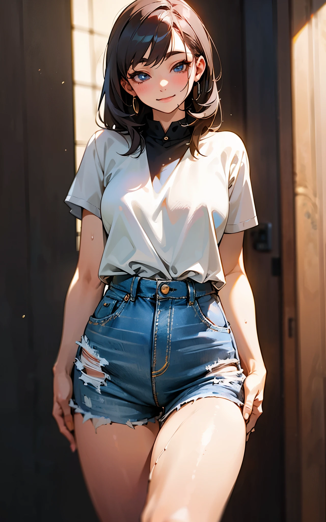 (Unified 16K wallpaper, masterpiece, best quality, Super detailed, Extremely detailed CG, Beautiful and delicate eyes, alone, contain), ultra high resolution, delicate skin、Sexy, Sweat, shorts, Plain top, Smile, (Thigh fetish), 16 years old, realistic clothing, Casual Wear, Not denim