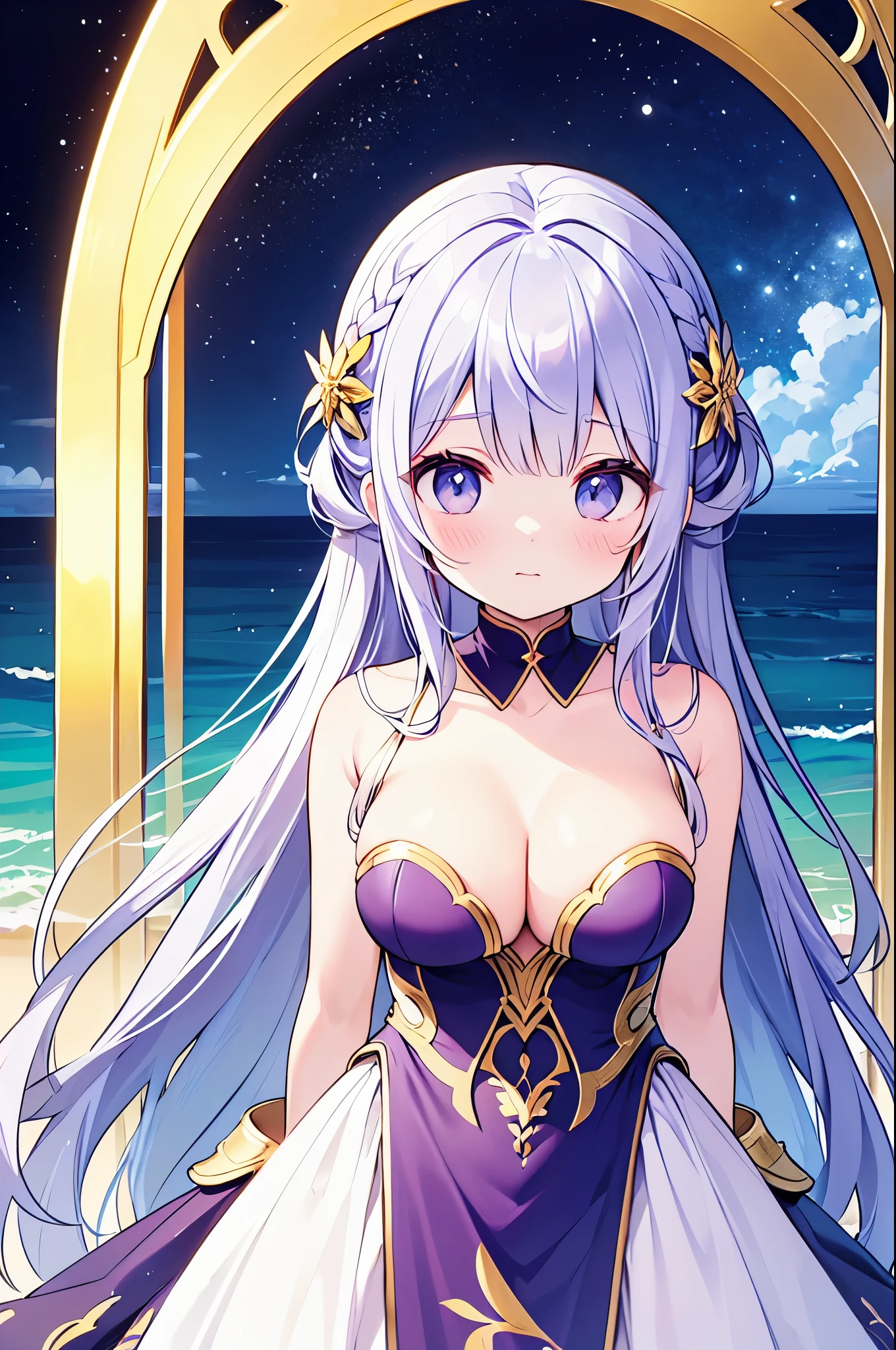 (masterpiece)、(highest quality)、((Super detailed))、(super delicate)、cute、Pastel colors hair、beautiful breasts、Gorgeous、fantastic sea of light、Gold, silver, and purple costumes