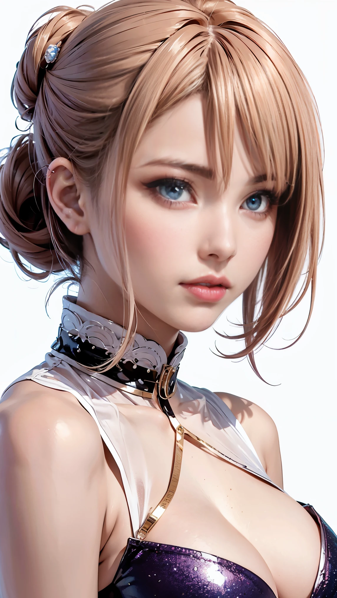 (chignon:1.5), Blonde hair color with pink inner color. She has beautiful sparkling purple eye color, break a masterpiece, highest quality,(realistic: 1.4),ultra high resolution, unity 8k, (beautiful and fine eyes:1.6),symmetry, highly detailed face, perfect lighting, (perfect hands, perfect anatomy),(white background:1.3)