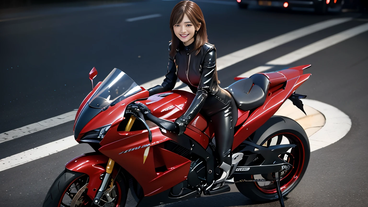 clear image、smile、Futuristic motorcycle and beautiful woman in leather suit、