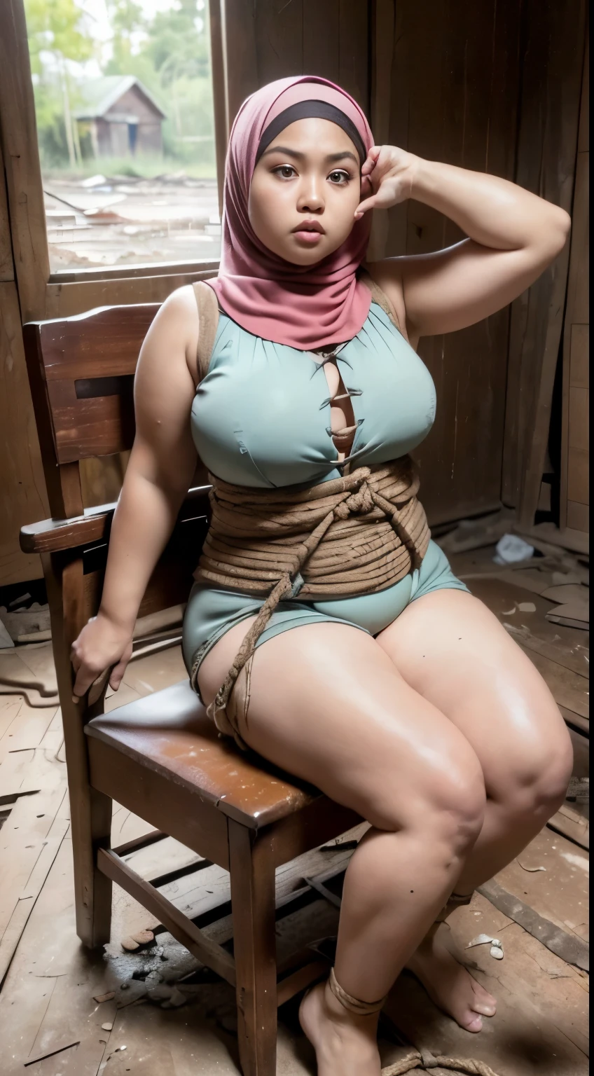 (64k, RAW photo, face viewing camera, masterpiecel1.4, realistic, photo-realistic, best quality, HDR, 32k resolution, ((lighting)), ((seat at old chair)), ((body tied at chair)), ((abandoned house)), ((1 beautiful malay girl)), ((seductive poses)), photo of a malay girl light pink tudung hijab, details skin texture, bright skin, big gorgeous eyes, double eye lids, ((huge-breasted), ((big tits)), ((finger detailed)), ((chubby body)), ((soft face)), ((wearing singlet)), ((hands are tied behind back at chair)), ((bondage with rope))