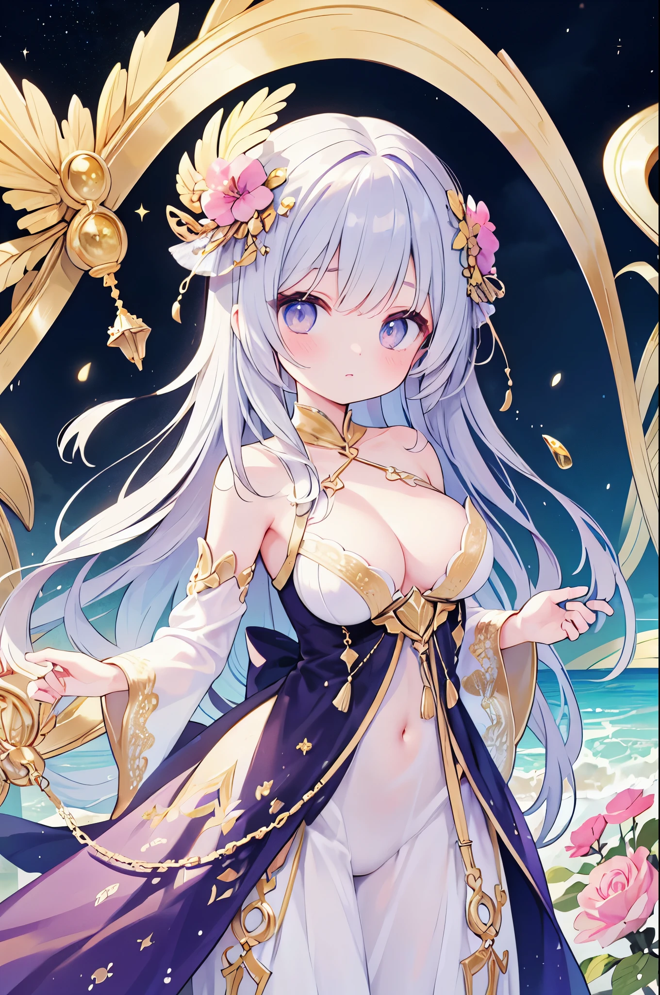 (masterpiece)、(highest quality)、((Super detailed))、(super delicate)、cute、Pastel colors hair、beautiful breasts、Gorgeous、fantastic sea of light、Gold, silver, and purple costumes