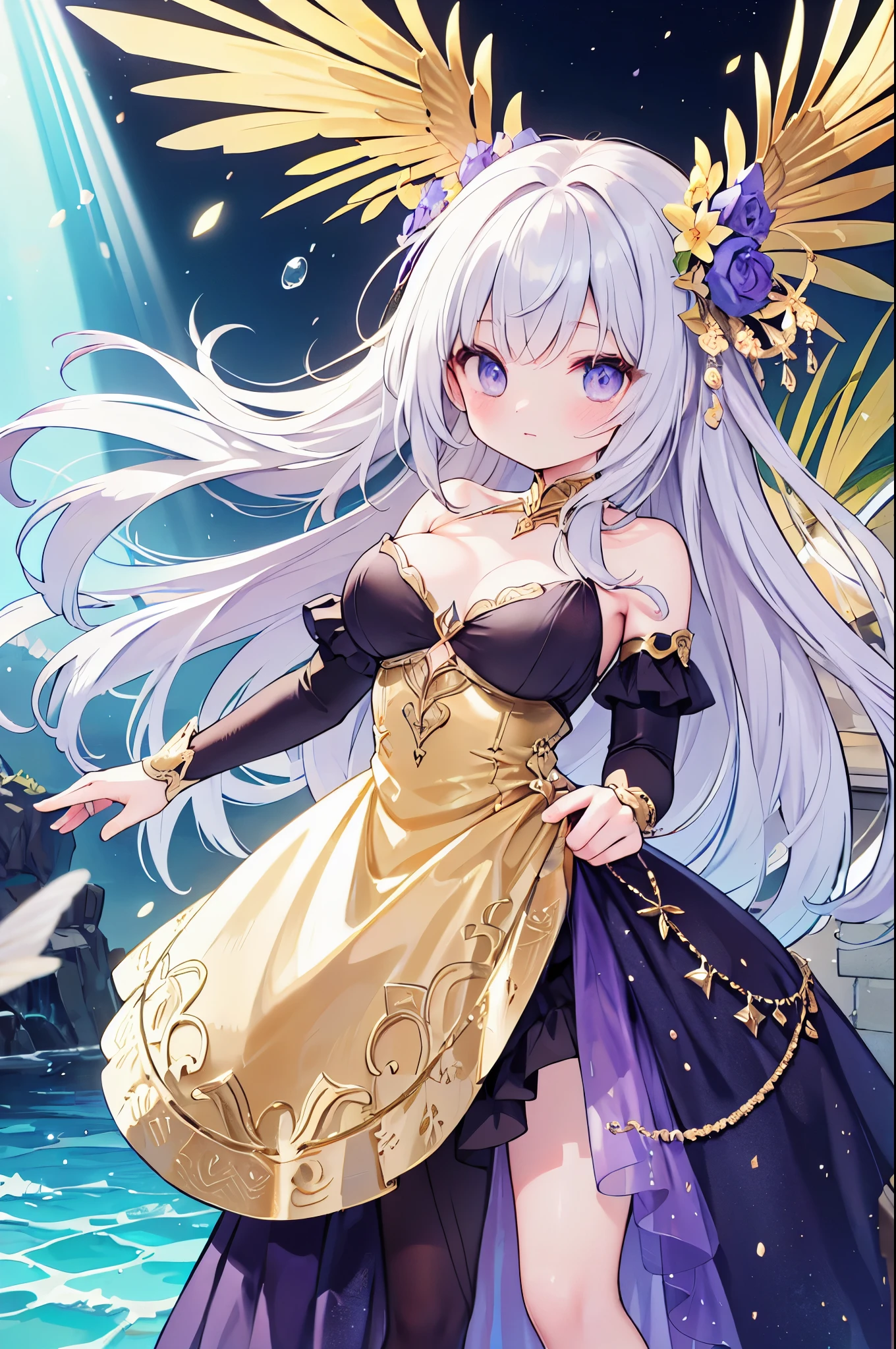 (masterpiece)、(highest quality)、((Super detailed))、(super delicate)、cute、Pastel colors hair、beautiful breasts、Gorgeous、fantastic sea of light、Gold, silver, and purple costumes