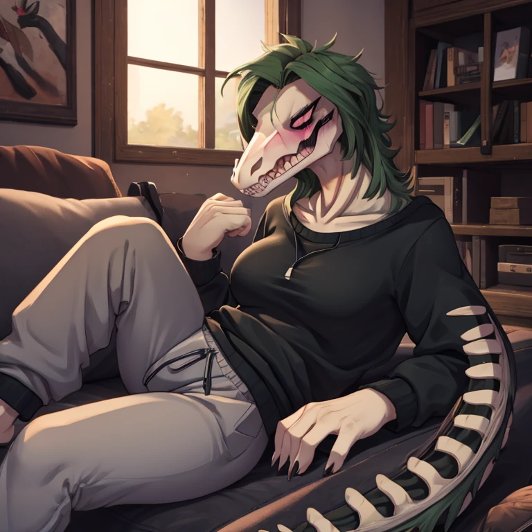 Female, solo, reptilian, voluptuous body, tall, laying, very dark green scales, reptilian face, exposed jaw bone, long reptile snout, decaying face, boney face, sharp teeth, clawed fingers, dark green hair, decaying body, exposed bones, pink eyes, annoyed expression, blushing, black sweatshirt, grey sweatpants, living room 