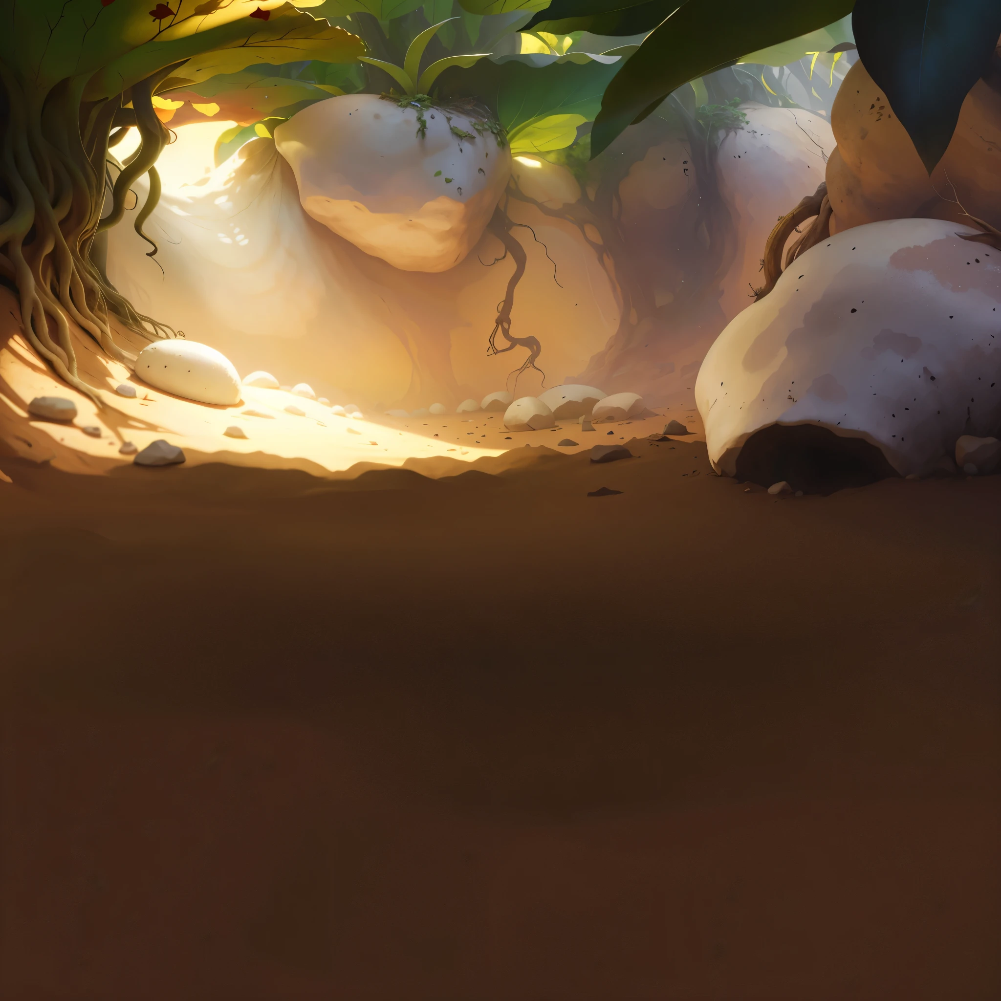 Realistic,Microcosm,big leafs,root system,earthy,earthy地面。