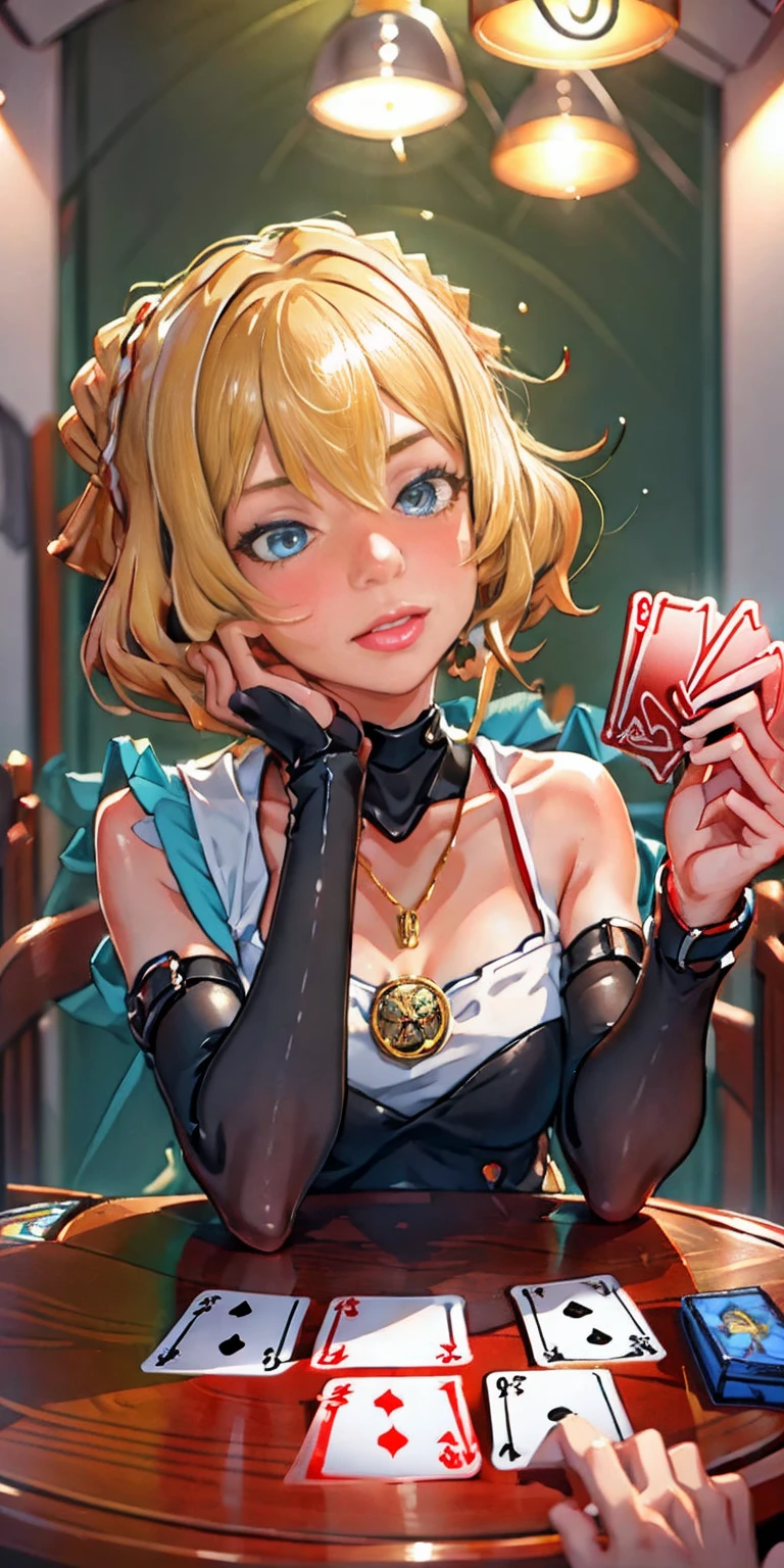 Highly detailed, High Quality, Masterpiece, beautiful, PlayingCards, 1slave girl, solo, holding, card, table, holding card, sitting, indoors, playing card, pov across table, closed mouth, looking at viewer, Forrest, Blonde hair, jacket on shoulders, necklace, big pendant, sleeveless shirt, millennium puzzle
