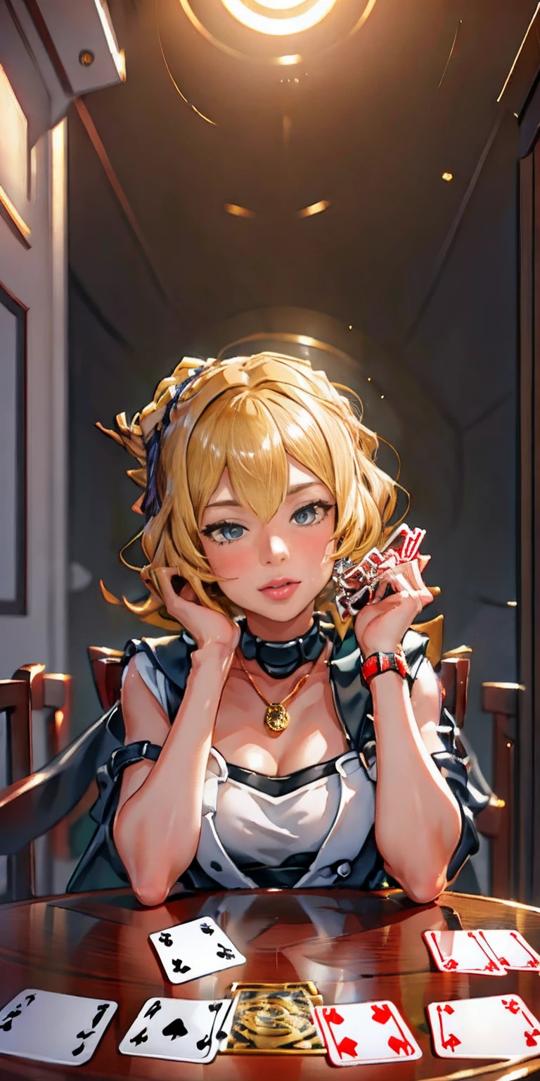 Highly detailed, High Quality, Masterpiece, beautiful, PlayingCards, 1slave girl, solo, holding, card, table, holding card, sitting, indoors, playing card, pov across table, closed mouth, looking at viewer, Forrest, Blonde hair, jacket on shoulders, necklace, big pendant, sleeveless shirt, millennium puzzle
