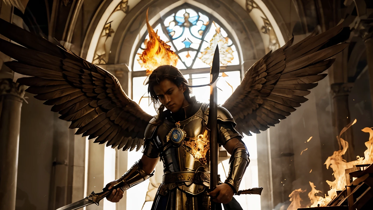 Video of Saint Michael the archangel with wings and a sword on fire