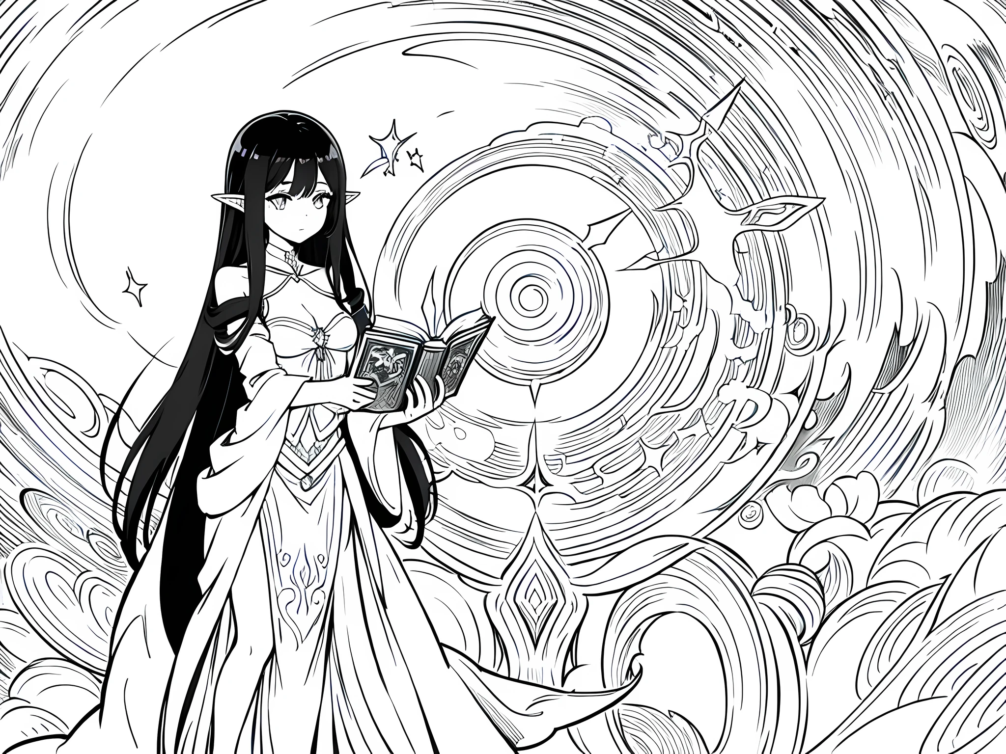 1 elf woman, wearing witch outfit, small breast, cleavage, holding a magical book, black hair, long hair, face to detail, detailed eyes, standing, the background is white, monochrome (clear line, lineart), half body illustration