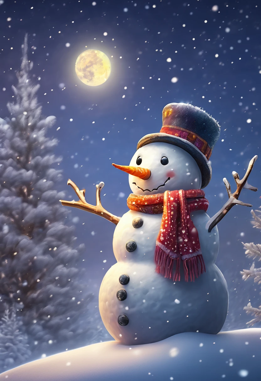 (highres:1.2),detailed snowman,night,artistic glow,warm winter scene,soft snowflakes,sparkling stars,smiling snowman face,colorful hat and scarf,peaceful winter landscape,moonlit sky,magic snowfall,calm winter evening,snow-covered trees,frosty breath,cozy atmosphere,playful snowballs,joyful winter spirit