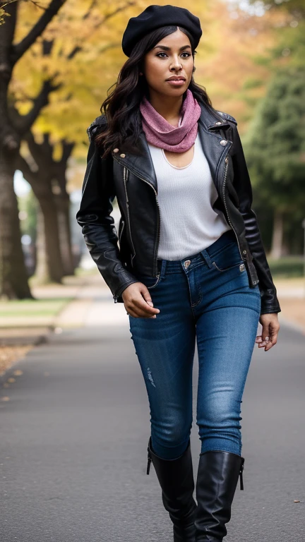 woman wearing a biker jacket, black beret, pink scarf, denim trousers, riding boots, carrying a leather backpack, while is in a park, jaw-dropping beauty, attractive face and body, wavy hair, attractive woman, a gorgeous beautiful dark brown haired girl, lovely black woman, gorgeous black woman, gorgeous beautiful black woman, beautiful female, beautiful body and face
